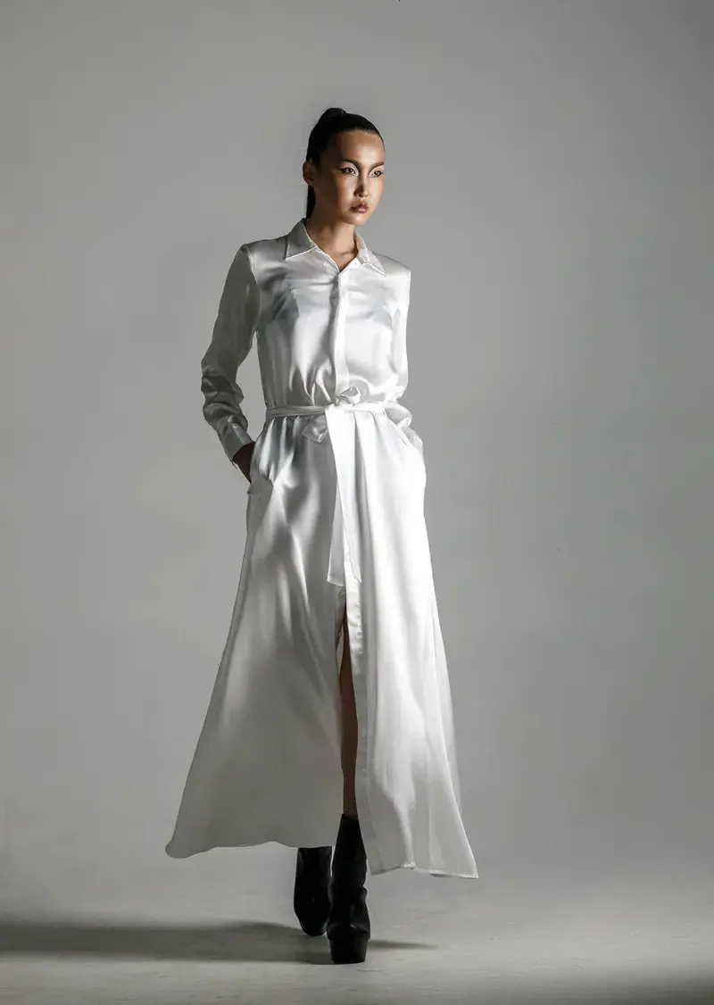 Anais White Long-Sleeve Silk Shirt Dress 1