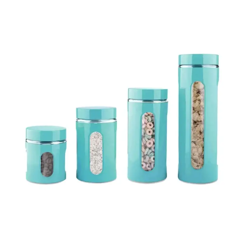 Home Basics Set Of 4 Clear-Window Glass Storage Jars – Turquoise Accents 1
