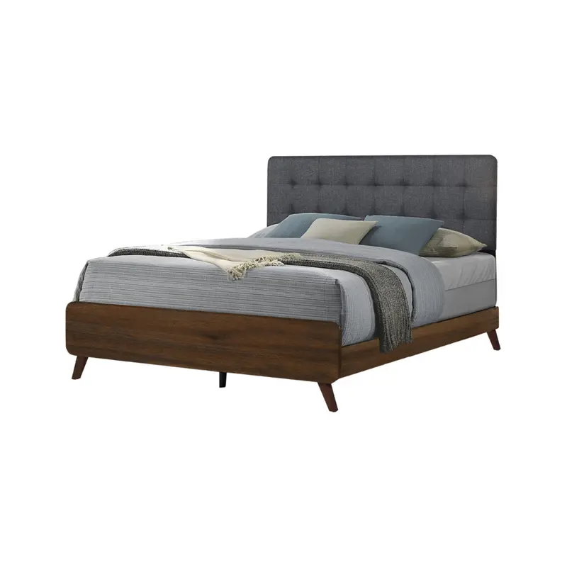 Monarch Queen Bed Frame – Walnut Wood Accents + Grey Upholstered Headboard, I5230Q 1