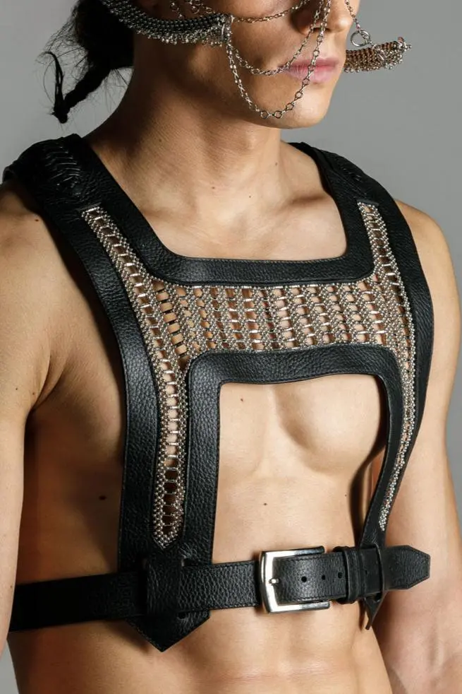 Yasuke Black And Silver Beaded Leather Harness 1